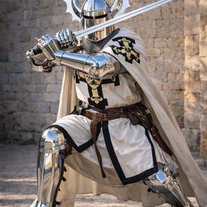 May include: A knight in full armor, holding a sword in a defensive stance. The armor is highly polished, reflecting the surroundings. The knight wears a white tunic with black trim and a cape. The helmet has decorative horns. The image includes the text "Knightorium".