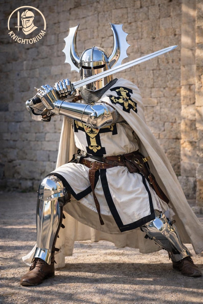 May include: A knight in full armor, holding a sword in a defensive stance. The armor is highly polished, reflecting the surroundings. The knight wears a white tunic with black trim and a cape. The helmet has decorative horns. The image includes the text "Knightorium".