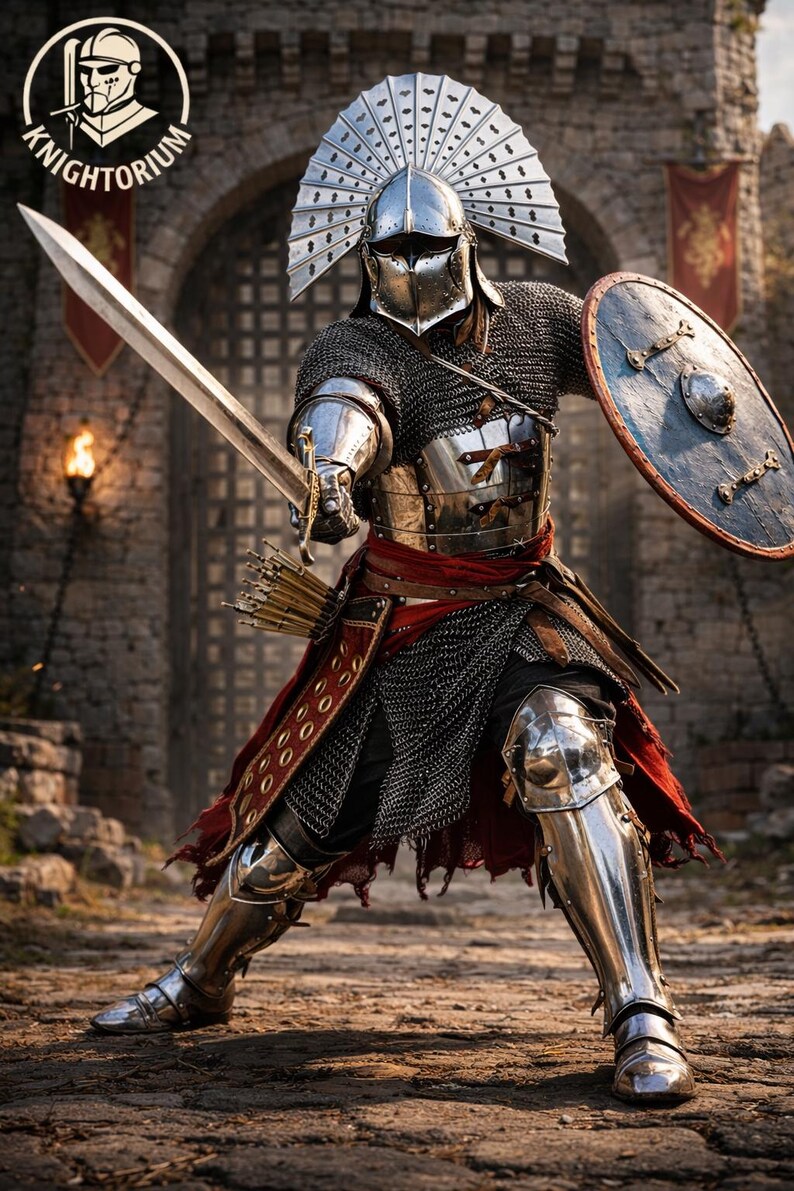 May include: A medieval knight in full armor, holding a sword and shield, stands ready for battle. The knight's helmet features a decorative crest. The image includes the "Knightorium" logo.