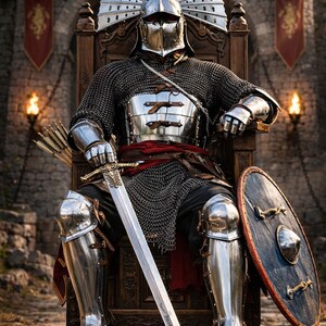 May include: A knight in full armor sits on a wooden throne, holding a sword and shield. The armor is silver and chainmail, with a red sash. The background includes a stone castle and banners. The image includes the text "KNIGHTORIUM".