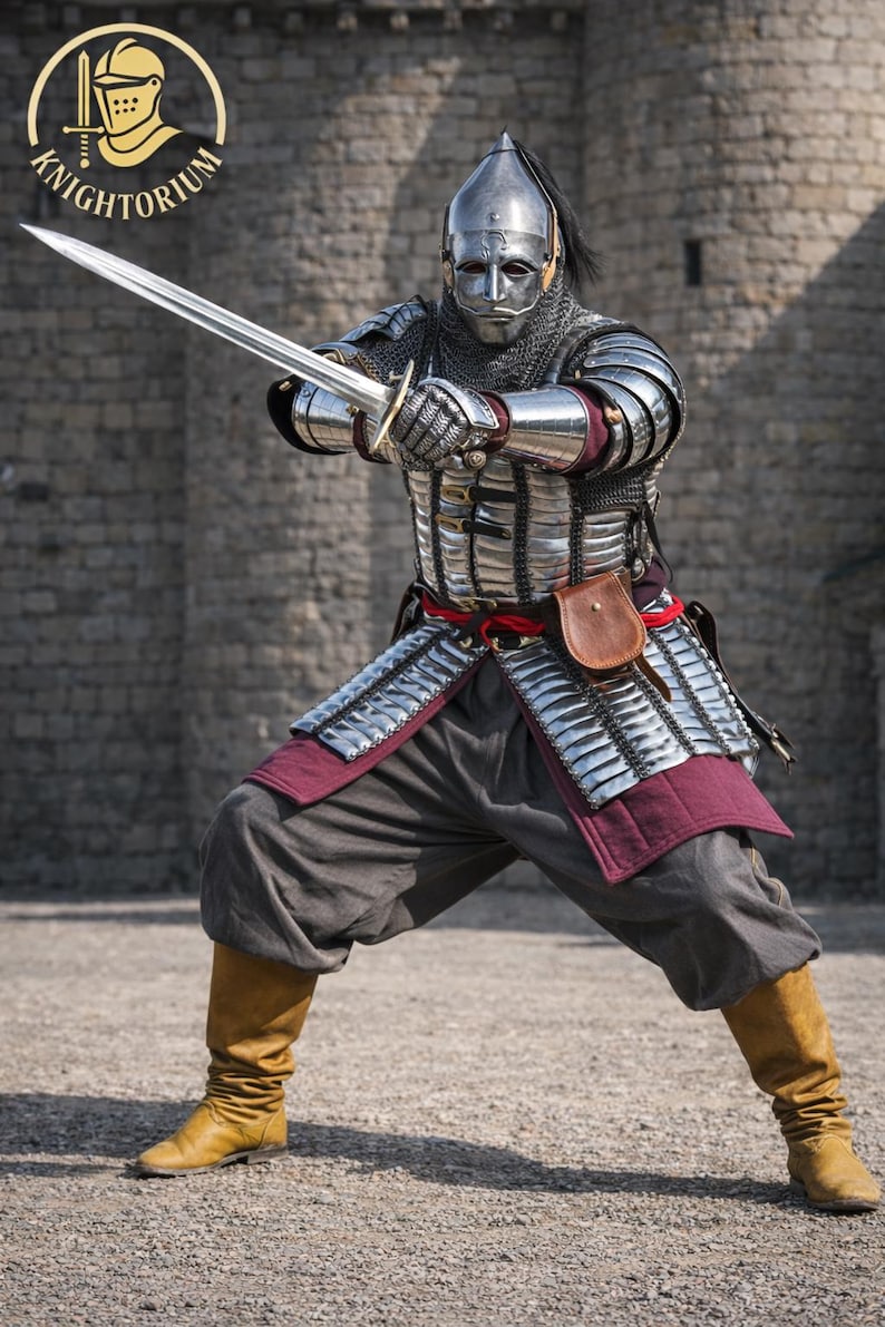 Op de afbeelding: Een persoon in volledige middeleeuwse bepantsering, inclusief helm, mali&euml;nkolder en metalen platen, houdt een lang zwaard vast. De bepantsering is zilverkleurig met bordeauxrode accenten. De persoon draagt bruine laarzen en een grijze broek. Het logo "KNIGHTORIUM" is zichtbaar.