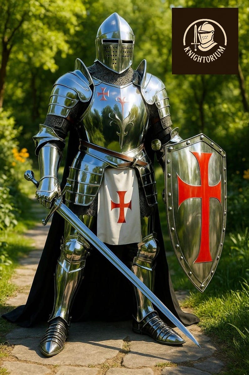 Set completo di armatura da cavaliere medievale / acciaio lucidato a specchio, scudo templare immagine 2
