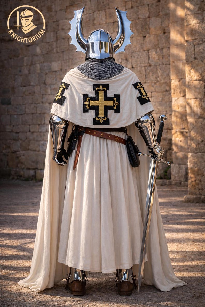 May include: A full suit of medieval armor, including a helmet with decorative silver accents, chainmail, and a white tunic with a gold cross emblem. The knight is holding a long sword. The armor is set against a stone wall.