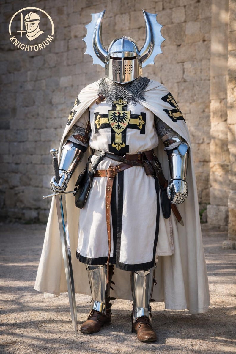 May include: A knight in full armor, including a helmet with decorative silver horns, chainmail, and a white tunic with a black cross emblem. The knight holds a long sword. The image includes the text "Knightorium".