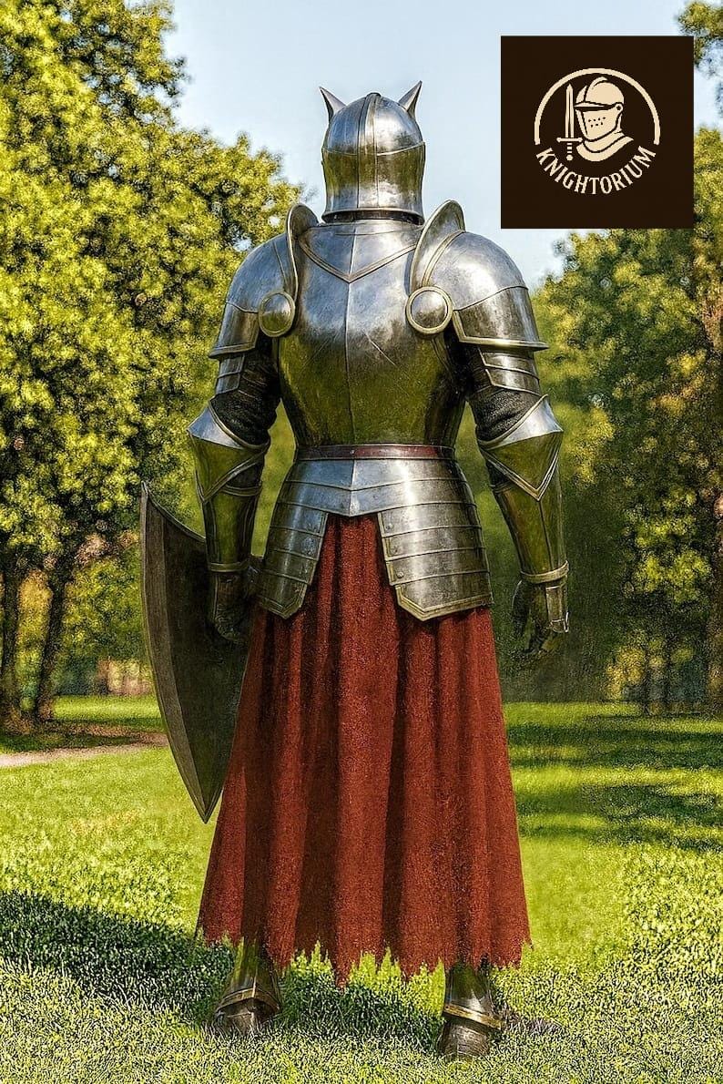 K&ouml;nnte beinhalten: Vollst&auml;ndige mittelalterliche R&uuml;stung in Silber mit rotem Rock, Schild und Helm. Die R&uuml;stung ist sehr detailliert, mit sichtbaren Platten und Nieten. Der Hintergrund ist eine gr&uuml;ne Wiese mit B&auml;umen und dem "Knightorium"-Logo.