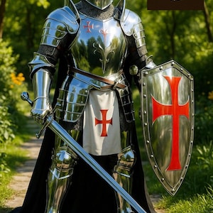 Set completo di armatura da cavaliere medievale / acciaio lucidato a specchio, scudo templare immagine 9