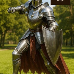 K&ouml;nnte beinhalten: Eine vollst&auml;ndige R&uuml;stung aus poliertem Stahl, einschlie&szlig;lich Helm, Brustplatte und Beinschutz. Der Ritter h&auml;lt einen Schild und posiert auf einer Wiese. Das Knightorium-Logo befindet sich in der oberen rechten Ecke.