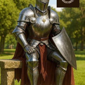 K&ouml;nnte beinhalten: Eine vollst&auml;ndige mittelalterliche R&uuml;stung in Silber, einschlie&szlig;lich Helm, Brustplatte und Beinschutz. Die R&uuml;stung ist mit Nieten und einem Sternemblem versehen. Ein Schild liegt zur Seite. Ein weinroter Umhang ist &uuml;ber der Steinbank drapiert. Das Bild enth&auml;lt das Logo "Knightorium".