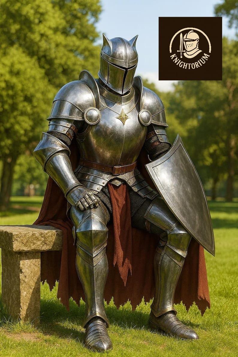 K&ouml;nnte beinhalten: Eine vollst&auml;ndige mittelalterliche R&uuml;stung in Silber, einschlie&szlig;lich Helm, Brustplatte und Beinschutz. Die R&uuml;stung ist mit Nieten und einem Sternemblem versehen. Ein Schild liegt zur Seite. Ein weinroter Umhang ist &uuml;ber der Steinbank drapiert. Das Bild enth&auml;lt das Logo "Knightorium".