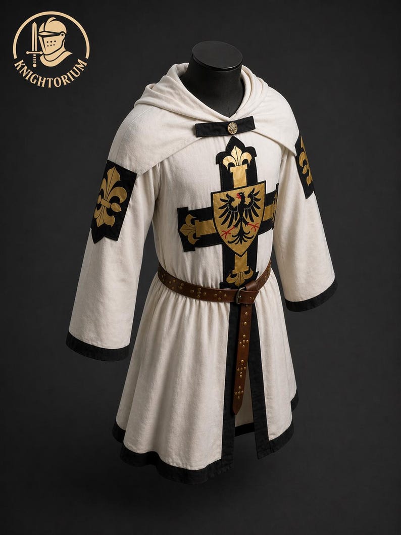 May include: Cream-colored medieval tunic with a hood, black trim, and a brown leather belt. The tunic features a black cross with a gold emblem and fleur-de-lis accents. The sleeves have gold fleur-de-lis patches. The logo "Knightorium" is in the upper left corner.