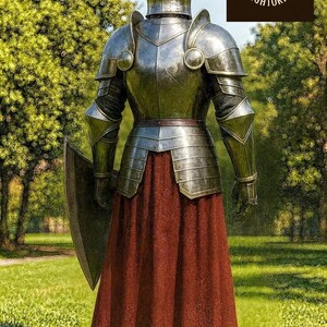 K&ouml;nnte beinhalten: Vollst&auml;ndige mittelalterliche R&uuml;stung mit Helm, Schulterpanzern und Schild. Die silberfarbene R&uuml;stung wird &uuml;ber einem langen, rostfarbenen Rock getragen. Das Bild enth&auml;lt das Logo "Knightorium" in der oberen rechten Ecke.