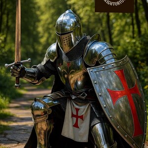 Set completo di armatura da cavaliere medievale / acciaio lucidato a specchio, scudo templare immagine 5