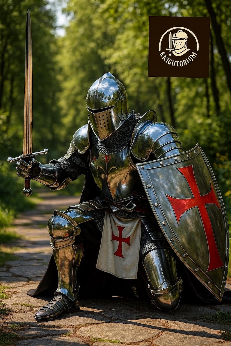 Set completo di armatura da cavaliere medievale / acciaio lucidato a specchio, scudo templare immagine 5