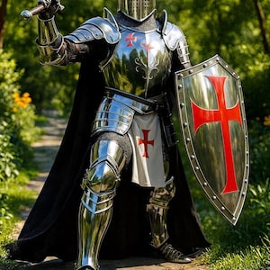 Set completo di armatura da cavaliere medievale / acciaio lucidato a specchio, scudo templare immagine 8