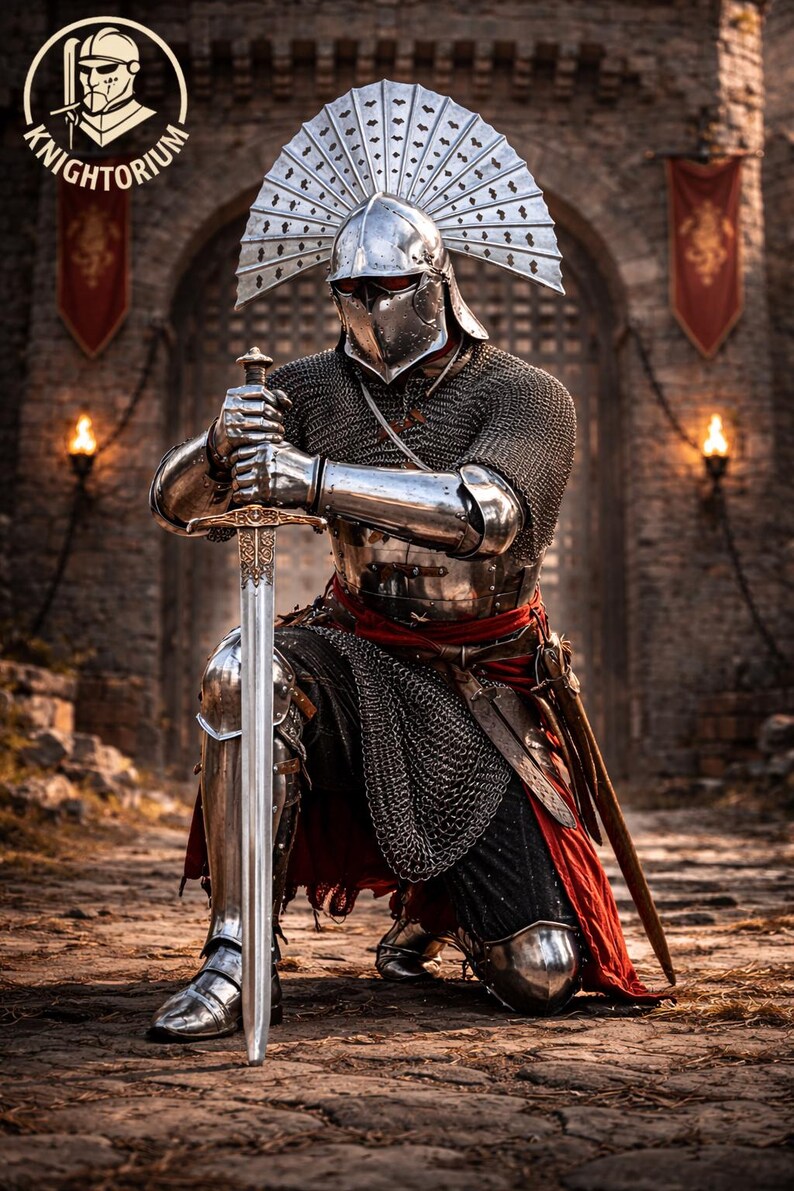 May include: A knight in full silver armor kneels, holding a long sword. The knight wears a chainmail shirt, a helmet with a fan-shaped crest, and a red sash. The background shows a stone archway and the "KNIGHTORIUM" logo.