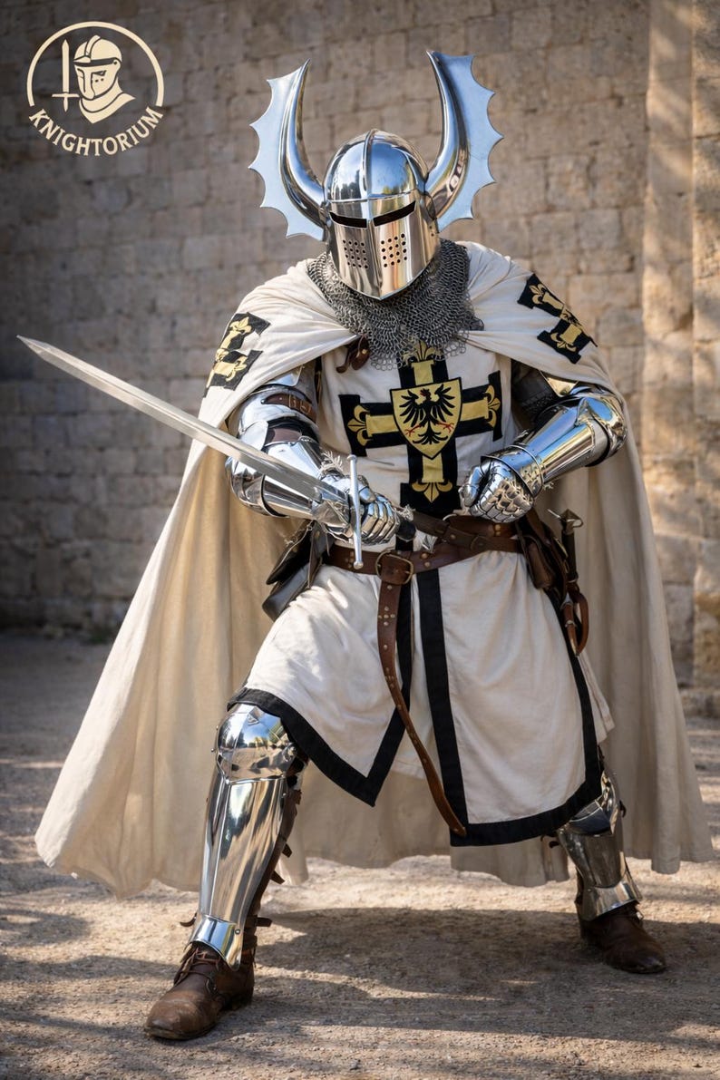 May include: A knight in full armor, holding a sword. The knight wears a silver helmet with decorative horns, a white tunic with black trim, and a cape. The armor is highly polished, reflecting the light. The image includes the text "Knightorium".