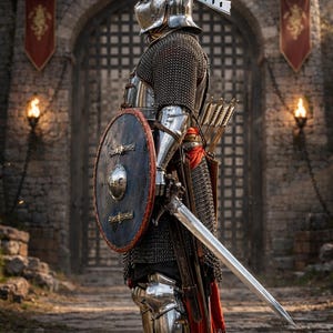May include: A medieval knight in full armor stands in profile, holding a sword and shield. The knight's helmet features a decorative crest. The scene is set in front of a stone castle gate, with the "KNIGHTORIUM" logo in the upper left corner.
