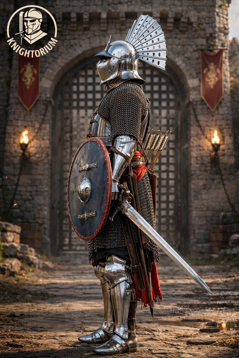 May include: A medieval knight in full armor stands in profile, holding a sword and shield. The knight's helmet features a decorative crest. The scene is set in front of a stone castle gate, with the "KNIGHTORIUM" logo in the upper left corner.