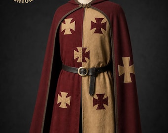 Medieval Knight Templar Tunic with Hooded Cape | Crusader Cloak Costume | Handmade Cosplay LARP Outfit