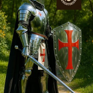 Set completo di armatura da cavaliere medievale / acciaio lucidato a specchio, scudo templare immagine 11