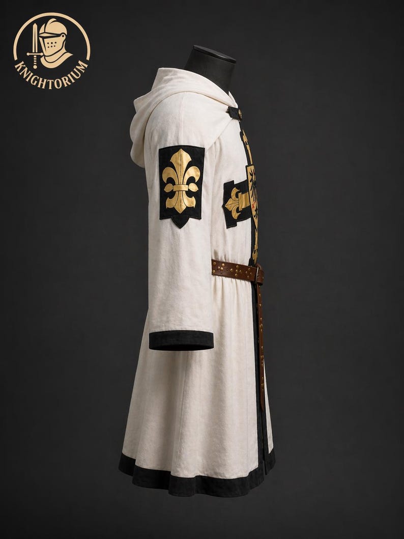 May include: A cream-colored medieval hooded robe with black trim and a brown belt. The robe features gold fleur-de-lis and cross emblems on the sleeves and chest. The "Knightorium" logo is visible in the upper left corner.