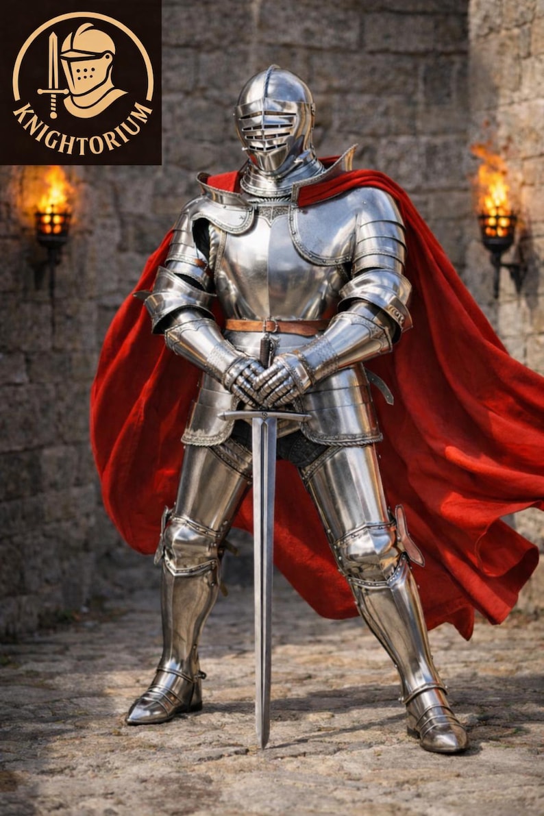 Medieval Knight Full Suit of Armor With Red Cape – Mirror Polished ...