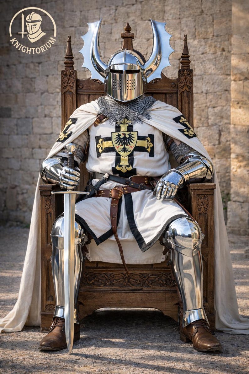 May include: A knight in full armor sits on a wooden throne, holding a sword. The armor is silver, with a white tunic featuring a black and gold cross design. A silver helmet with decorative horns and chainmail complete the look. The logo "Knightorium" is visible.