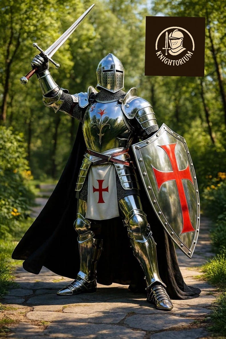Set completo di armatura da cavaliere medievale / acciaio lucidato a specchio, scudo templare immagine 4