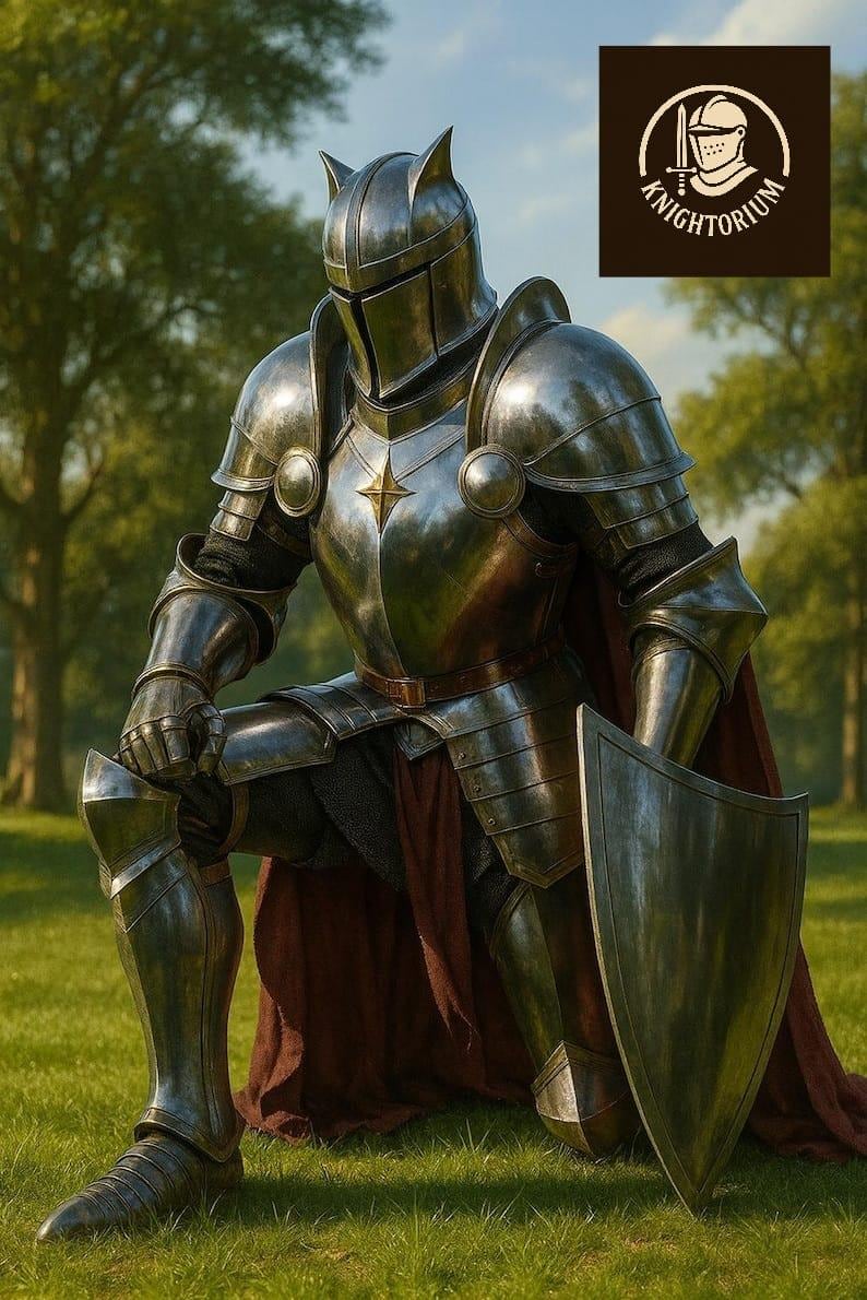 K&ouml;nnte beinhalten: Ein Ritter in silberner R&uuml;stung kniet auf Gras und h&auml;lt einen Schild. Die R&uuml;stung hat ein Sternemblem. Ein roter Umhang ist sichtbar. Das Bild enth&auml;lt das "KNIGHTORIUM"-Logo.