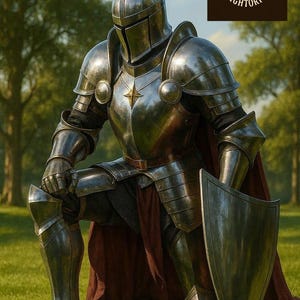 K&ouml;nnte beinhalten: Ein Ritter in silberner R&uuml;stung kniet auf Gras und h&auml;lt einen Schild. Die R&uuml;stung hat ein Sternemblem. Ein roter Umhang ist sichtbar. Das Bild enth&auml;lt das "KNIGHTORIUM"-Logo.