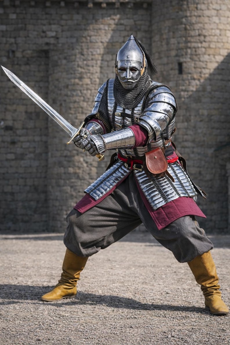 Op de afbeelding: Een persoon in volledige middeleeuwse wapenrusting, inclusief helm, mali&euml;nkolder en plaatpantser, houdt een lang zwaard vast. De wapenrusting is zilverkleurig, met bordeauxrode accenten op de onderrug. De persoon draagt een grijze broek en bruine laarzen.