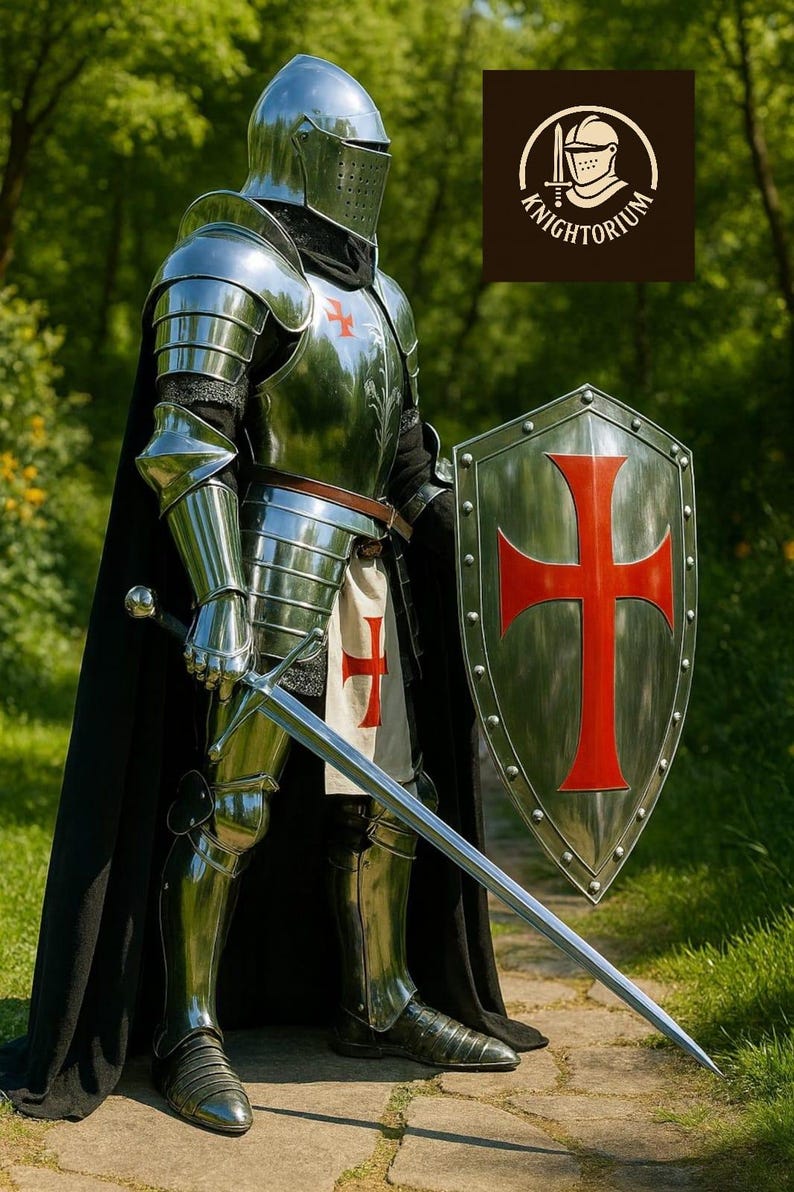 Set completo di armatura da cavaliere medievale / acciaio lucidato a specchio, scudo templare immagine 6