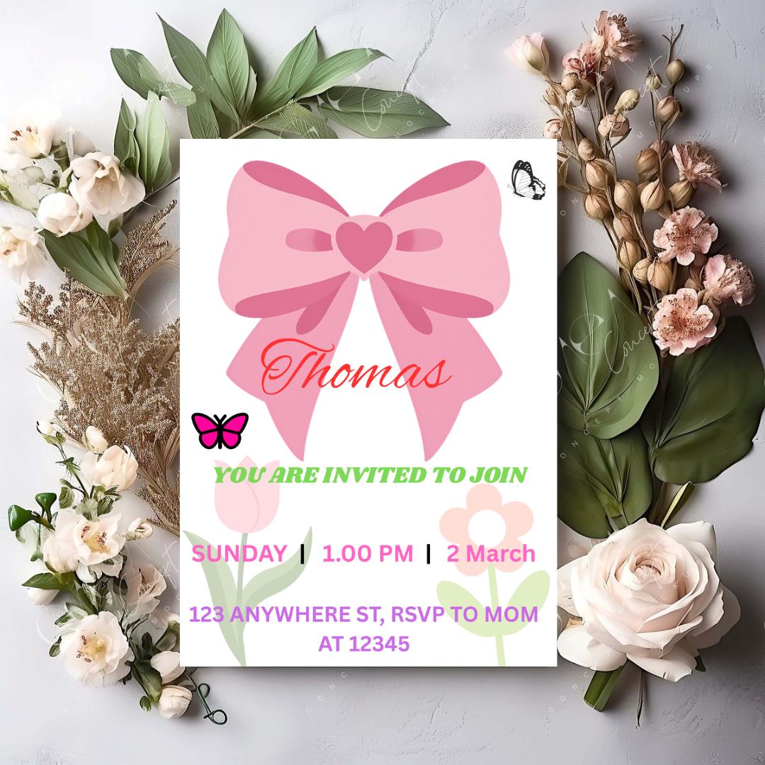 Editable Birthday Invitation Card - Digital Download, Floral Pink Bow ...
