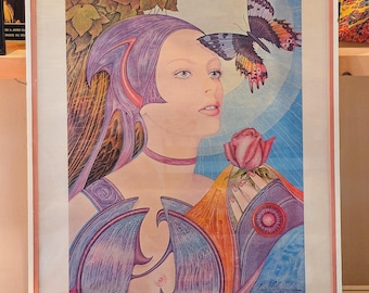 Fascinerende new age-print op zijdepapier van Louis Nifousi, ingelijst in de jaren 70, afkomstig uit een collectie voor liefhebbers van psychedelische kunst.