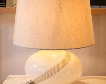 Vintage Space Age Table Lamp in Warm White Opal Murano Glass with Graphic Lines
