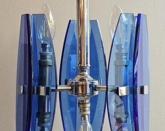 Lampadario VECA Anni '70 Originale - Cristallo Blu Cobalto e Cromo - Space Age Design Italiano - 6 Luci Mid-Century