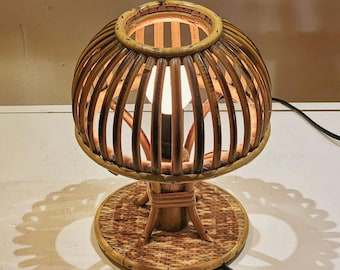 Vintage 1970s Boho Tropical Retro Bamboo and Rattan Table Lamp