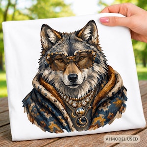 Puede incluir: Una camiseta blanca con una ilustración gráfica de un lobo que lleva gafas con estampado de leopardo, un collar dorado de varias capas con dijes de luna y montaña, y una prenda con capucha azul y naranja con un cuello de piel marrón.