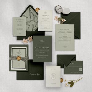 May include: An assortment of wedding stationery in shades of green and cream. The collection includes invitations, RSVP cards, envelopes, and a timeline card. Some cards feature floral designs and are tied with ribbon and wax seals.