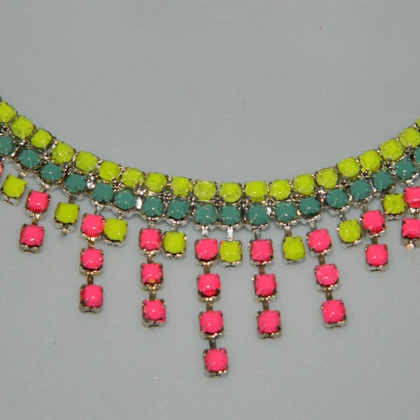 Hand Painted rhinestone necklace neon yellow hot pink light mint blue