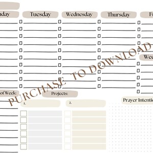 Peut inclure: Un modèle de planificateur hebdomadaire avec des sections pour chaque jour de la semaine, du lundi au vendredi, et une section week-end. Il comporte des cases à cocher pour les tâches, des zones pour les projets et les intentions de prière. Le texte "PURCHASE TO DOWNLOAD" est superposé.