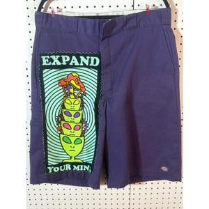 May include: Purple shorts featuring a rectangular patch on the left leg with a graphic of stacked green alien heads and a mushroom. The patch includes the text "EXPAND YOUR MIND" in white letters against a light green background with black swirl lines.