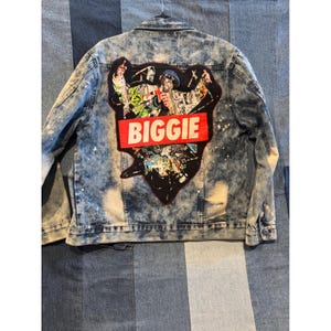 CRTV LTRCY Biggie Smalls Upcycled Distressed Denim Jacket Mens Medium Acid Wash