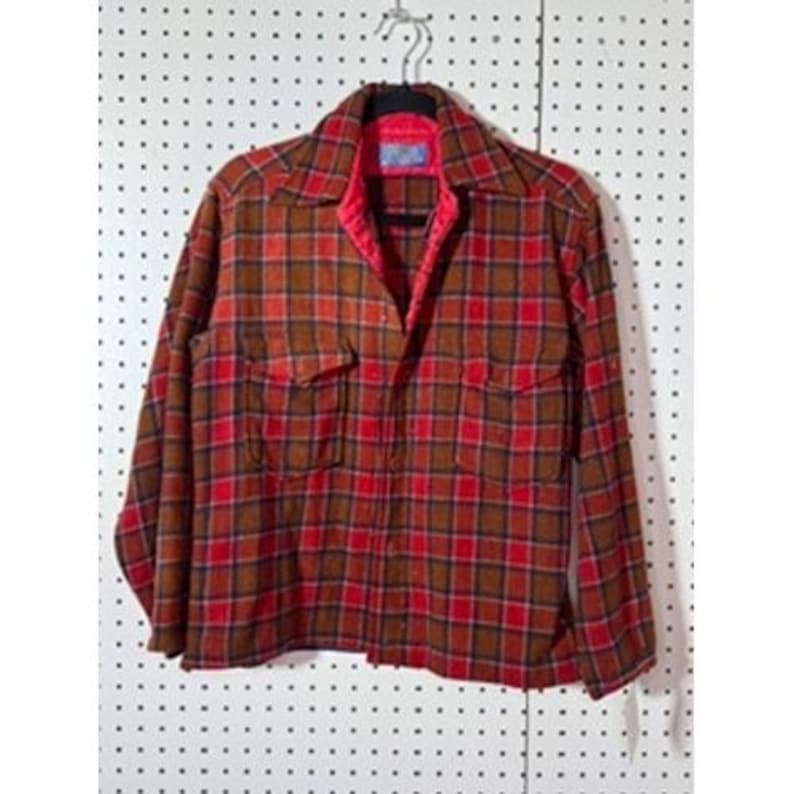Vintage Pendleton Wool Board Shirt Red Brown Plaid Flannel 60s 70s Mens Medium image 1