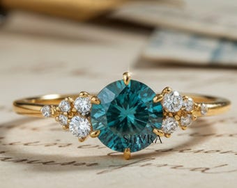 Vintage 18k Gold Green Sapphire And Diamond Cluster Engagement Ring – Bridal Wedding Ring, Promise Or Anniversary Gift For Her