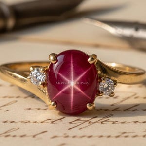 Vintage 14k Gold Star Ruby Ring, Oval Star Ruby Engagement Ring For Women, Art Deco Ruby Statement Ring, Anniversary Gift