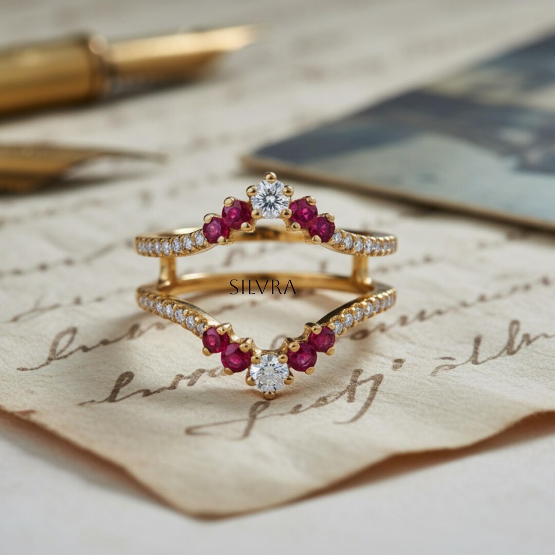 14k Yellow Gold Pink Ruby Ring Enhancer, Unique Curved Wedding Band ...