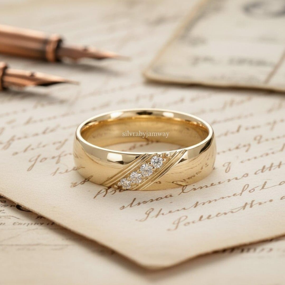 14k Gold Diamond Wedding Band for Men, Unique Diagonal 5 Stone Diamond ...