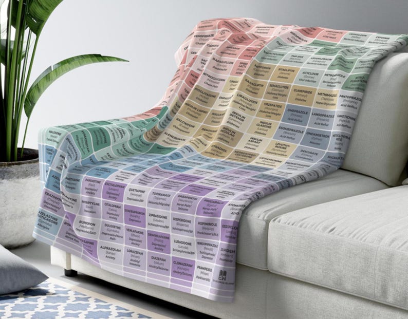Top 200 Drug Study Blanket • Pharmacology Reference • Plush Velveteen Blanket • Gift for Medical, Nursing, PA, NP & Pharmacy Students Bright