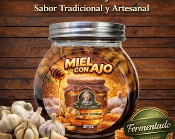 Miel con Ajo Fermentado 20 oz Miel Grado A Artesanal Sabor tradicional Recetas de la abuela Gourmet Honey Garlic